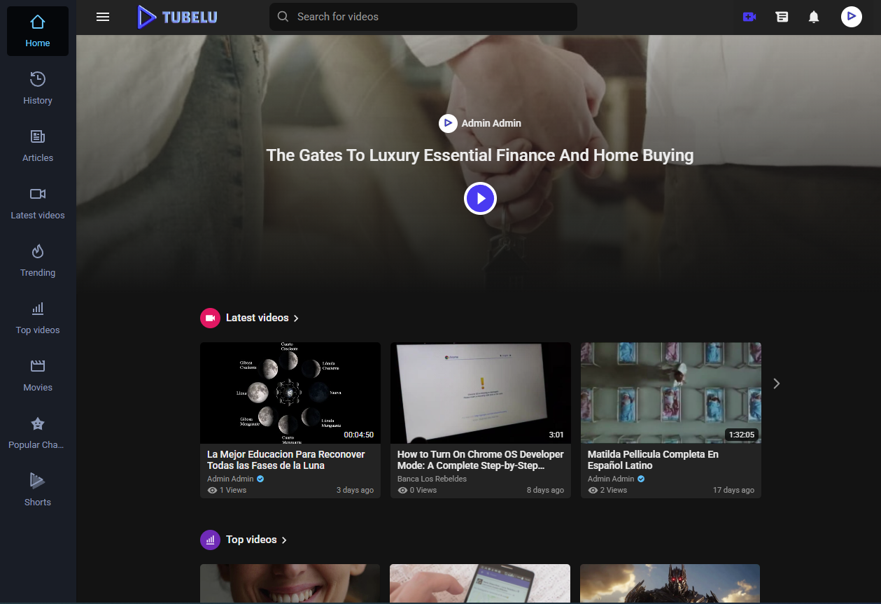 tubelu Project Overview Tubelu is a video sharing platform developed and customized by Skypeaklimits for a client. The website functions similarly to YouTube, allowing users to upload, browse, and watch videos across various categories. It was built using a pre-purchased PHP script from ThemeForest, which was fully customized to fit the client’s branding and functional requirements.